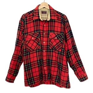 Vintage 70s Red Flannel Plaid Shirt‎ // Size XL